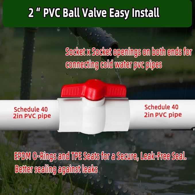 2Pack 2" PVC Ball Valve (Socket x Socket),Schedule 40, Cold Water Pipe Shut-off Valve Socket for Water Supply Lines, Garden Irrigation & Pipe Fitting Systems,Red T-Handle.