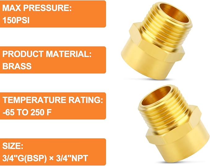GASHER 5Pcs 3/4" G Thread Female × 3/4" NPT Thread Male Brass Pipe Fitting Adapter, G to NPT Adapter