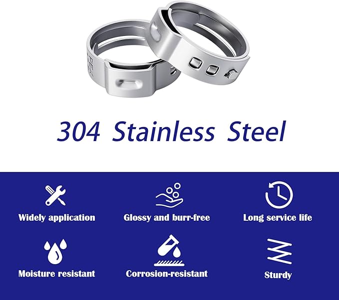 50PCS 3/4inch PEX Cinch Crimp Clamp Rings 304 Stainless Steel Single Ear Hose Clamps HE062-3/4
