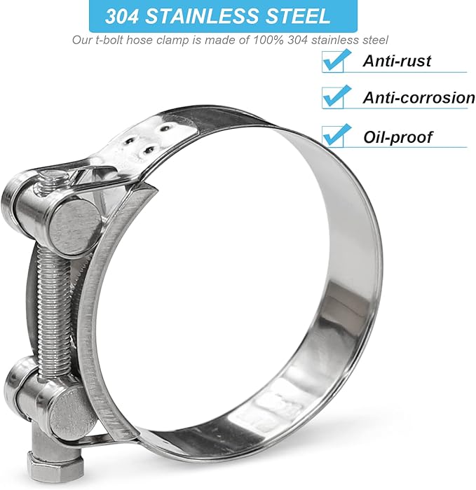 AKIHISA T-Bolt Hose Clamp,113-121mm OD Range 304 Stainless Steel Pipe Strap Clamp, Adjustable Heavy Duty Tube Clamp (2Pack, 4.45" to 4.76")