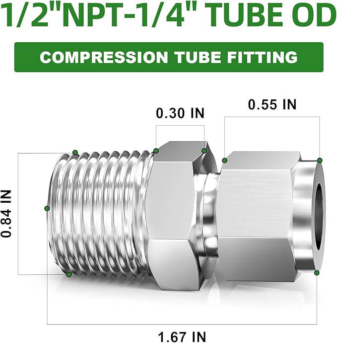 TAISHER 5PCS 304 Stainless Steel Compression Tube Pipe Fitting Connector, 1/4" Tube OD x 1/2" NPT Male Straight Adapter