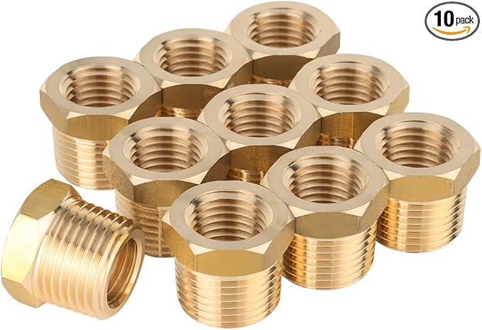 (Pack of 10) EFIELD Brass Reducer Hex Bushing 1/4" Male NPT X 1/8" Female NPT Threaded Pipe Adapter Fittings,(NPT021)