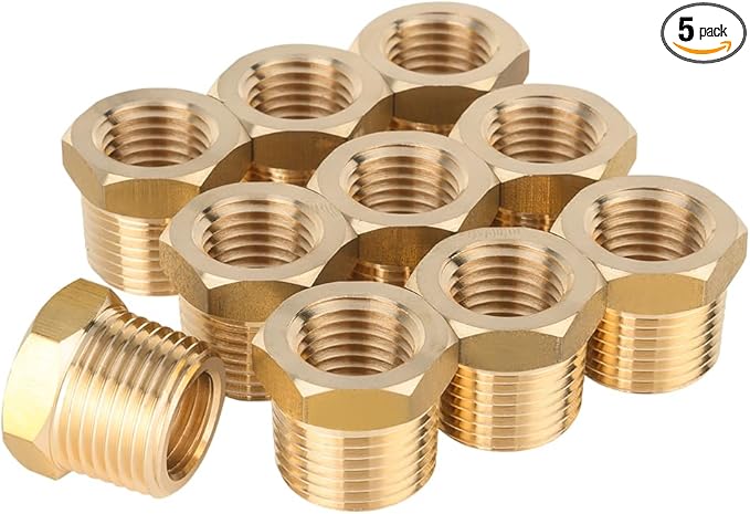 (Pack of 5) EFIELD Brass Reducer Hex Bushing 1/2"Male NPTx 1/8" Female NPT Adapter Threaded Pipe Brass Fittings,(NPT027-5PCS)