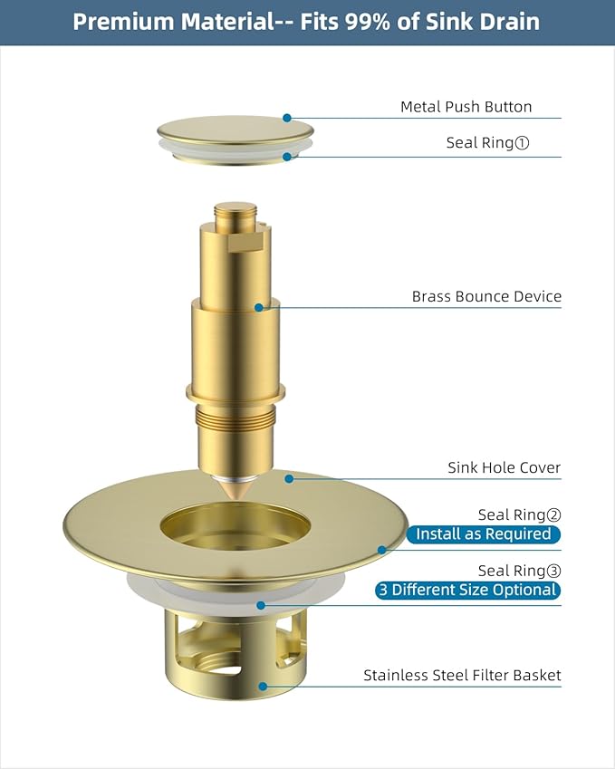 Hibbent 2 Pack All Metal Universal Bathroom Sink Stopper for 1.1''~2.3'' Basin, Pop Up Sink Drain Strainer, Brass Core Push Type Stopper, Stainless Steel Anti Clogging Drain Filter, Brushed Gold