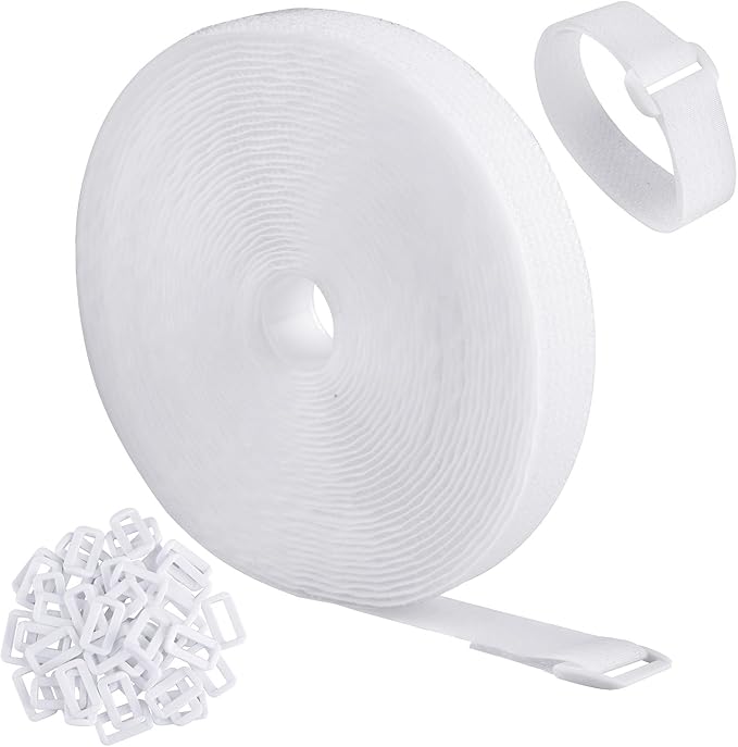 32Ft x 0.8In adjustable Cable Straps with Buckles, Free Cut Length, Reusable Fastening Cable Ties, Hook and Loop Securing Strap for Cable Tidy, Wire Management, Cord Organiser, white