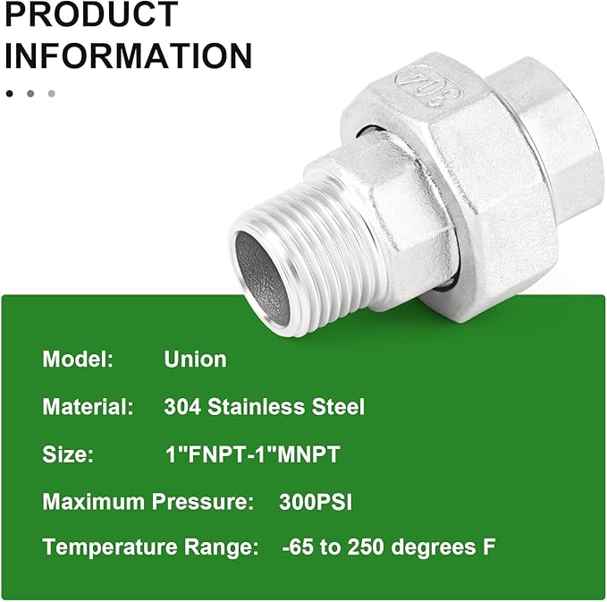 TAISHER 1PCS 304 Stainless Steel Union，1" NPT Male x 1" NPT Female Cast Pipe Fitting