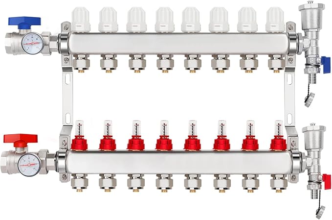 8-Branch PEX/Radiant Heat Manifold，1/2" PEX Tubing Manifold,304 Stainless Steel Floor Heat Manifold Kit with 1/2" Adapters Included for Hydronic Radiant Floor Heating (8-Loop)