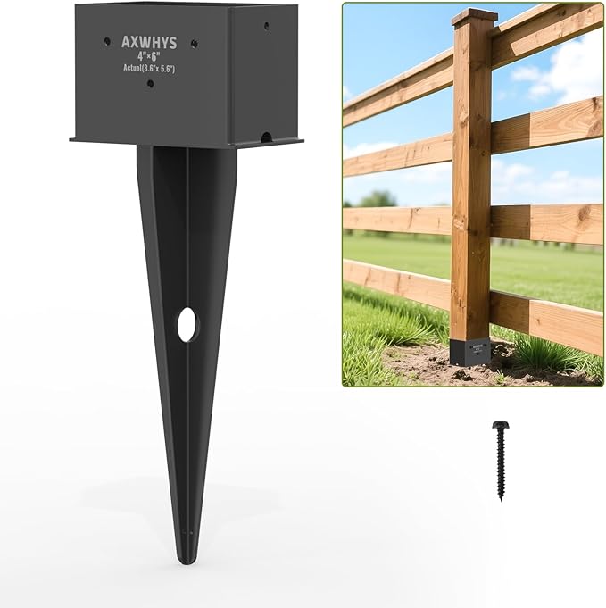 4 Pcs 4"x 6" Fence Post Anchor Ground Spike, 16.5" Heavy Duty Metal Fence Stake Post Bases (Inner Size 3.6"x5.6") with Black Powder Coated for Fence, Deck, Railing, Mailbox and Porch