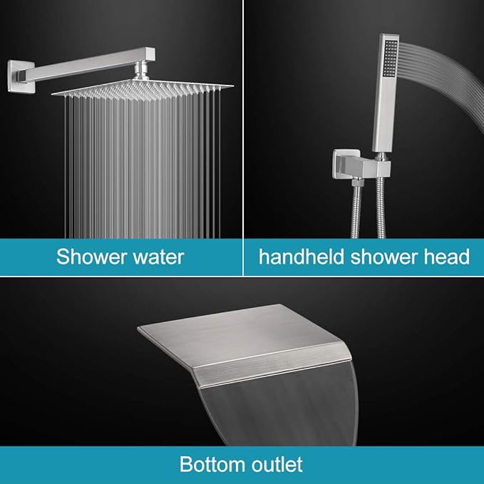 BWE Shower System with Waterfall Tub Spout Shower Faucet Set 10 Inch Square Brushed Nickel Rain Shower Head Bathroom Luxury Wall Mounted Shower Combo Set Rough-in Valve Body and Trim Included