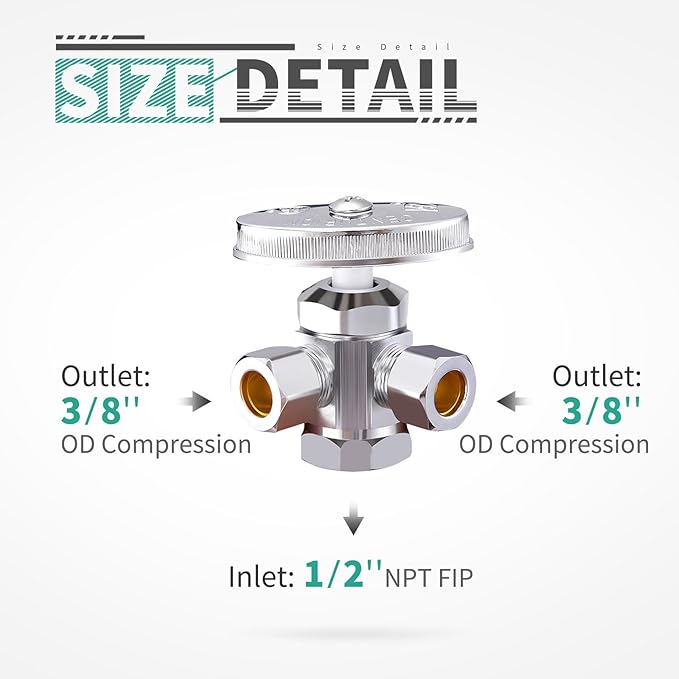 Chrome Plated Heavy Duty Brass 3-way 360 Angle Stop Valve, 1/2"FIP Inlet x 3/8"OD Compression x 3/8"OD Compression Dual Outlet Valve