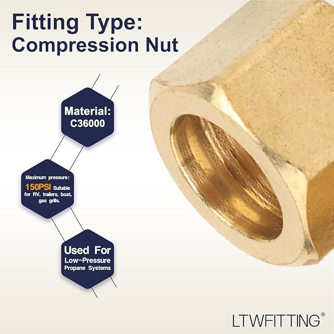 LTWFITTING 1/2-Inch Brass Compression Nut,Brass Compression Fitting(Pack of 500)