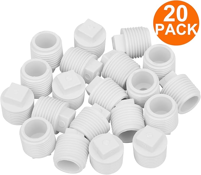 20Pack 1/2 Inch PVC Male Threaded Pipe End Cap SCH40 1/2" PVC NPT Male Cleanout End Cap Plug Adaptor for Plumbing Water Line
