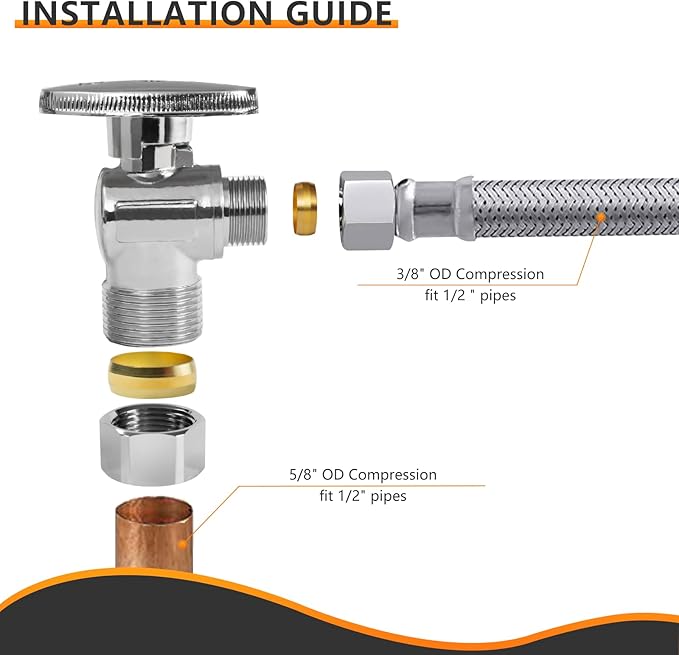 HeSun 50-PCs Pex Angle Stop Valve, 1/2" Nominal (5/8"OD) Compression x 3/8" OD Compression, 1/4 Turn Shut Off Valve for Bathroom,PEX Chrome Plated Brass