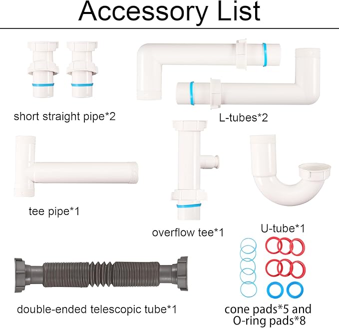 Universal 1-1/2" Kitchen Sink Drain Kit, Space-Saving kitchen drain P-trap With retractable flexible Pipe Completed Sink Pipe Replacement Kit (DIY Installation)