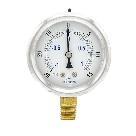 PIC Gauges PRO-201L-254CB Bottom Mount Glycerin Filled Dual Scale Pressure Gauge w/ SS Case/Bezel, Brass Internals, Plastic Lens, 2.5" Dial, 30-0-15 psi Range, 1/4" Male NPT