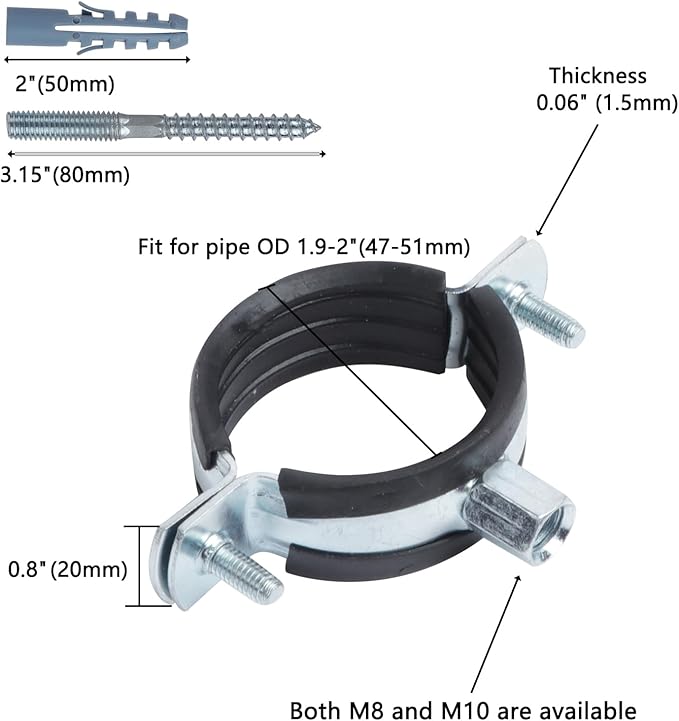 4 PCS Split Ring Pipe Hanger, Heavy Duty Adjustable Pipe Bracket Clamp with Screw & Expansion Tube, Wall Ceiling Mount Galvanized Iron Pipe Strap Supports Fit for Pipe OD 1.9-2 Inch(47-51mm)