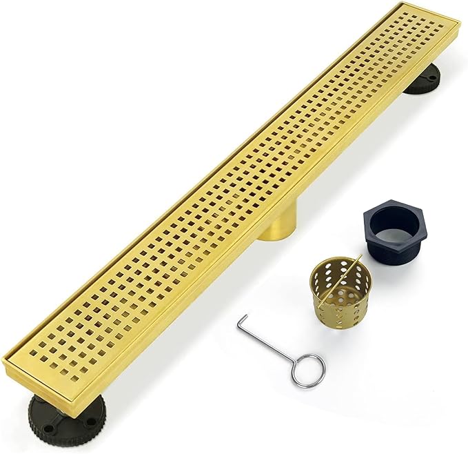 Linear Shower Drain, 60 inch Gold Drain with Removable Grate Cover, Brushed 304 Stainless Steel Shower Floor Drain, Linear Drain with Hair Strainer and Adjustable Feet