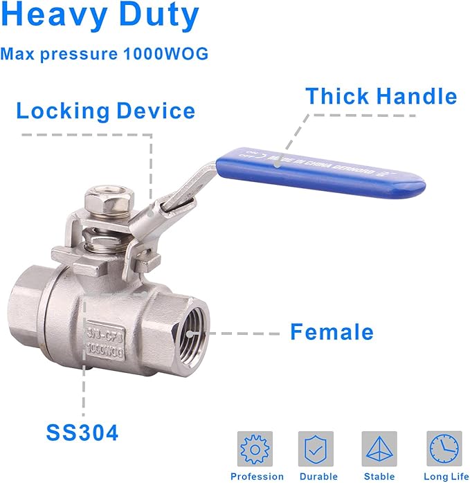 DERNORD 2 Pack Stainless Steel 304 Ball Valve, Full Port Heavy Duty for WOG with Locking Device (3/8" NPT)