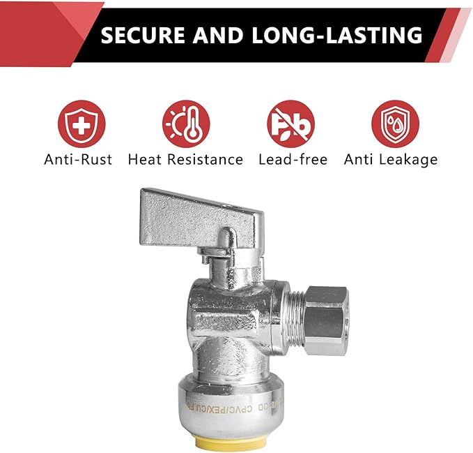 (Pack of 5) EFIELD Push Fit 1/4 Turn Angle Stop Valve Water Shut Off 1/2 Push x 3/8 Inch Compression, Chrome Plated,(PF-UNI004-5PCS)