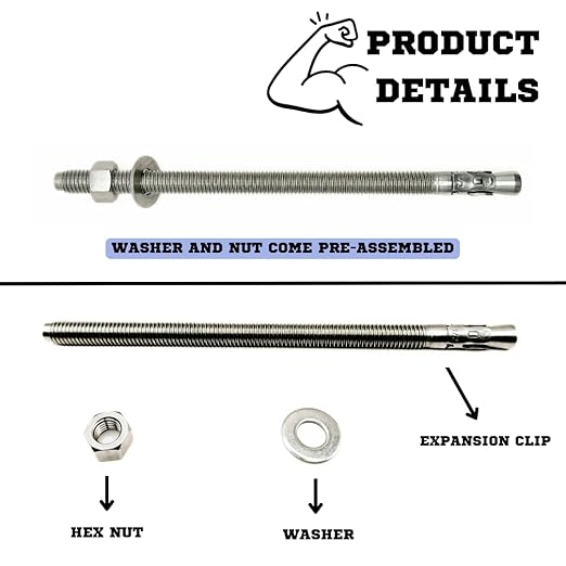 Wedge Anchors – Heavy-Duty 304 Stainless Steel Expansion Bolts for Concrete & Masonry, Rust-Resistant & Durable - 1/2" X 9" - 25 Pack