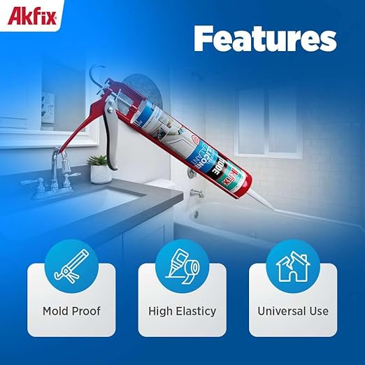 Akfix 100E RTV White Silicone Caulk (2x10.1 fl.oz.) - 100% Waterproof Silicone Sealant for Kitchen and Bathroom, Shower, Toilet, Sink, Window and Door, No Yellowing | White, 2 Pack