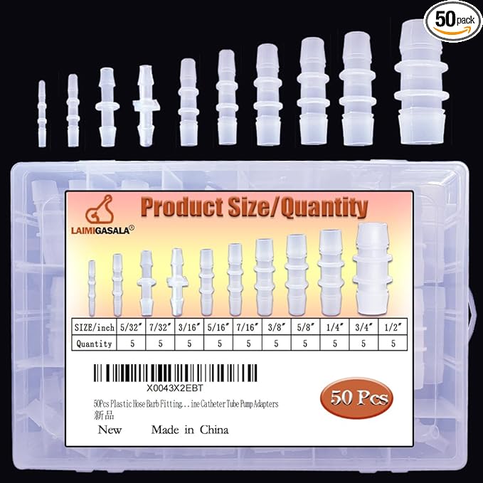 50Pcs Plastic Hose Barb Fittings Assortment, 10 Sizes of Equal Barbed Hose Pipe Fitting Connector Adapter Union Splicer Joint for Air Gas Water Liquid Fuel Line Catheter Tube Pump Adapters