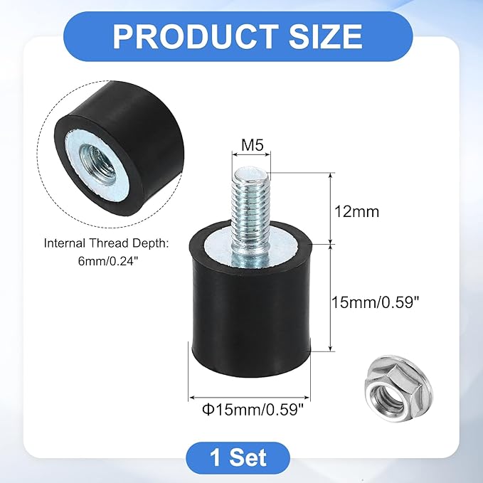 uxcell M5 Rubber Mounts, 1Pcs 15x15mm(DxH) Rubber Cylindrical Anti Vibration Isolator Shock Absorber with Lock Nuts for Car Bobbin Generator Air Compressors