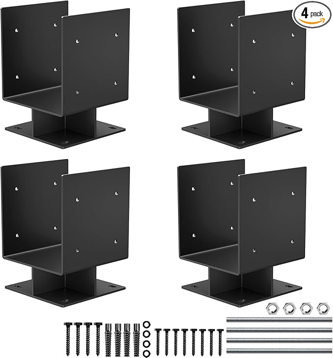 8"x 8" Concrete Post Base, 4Pcs Stainless Steel Adjustable Post Anchor Bracket (Internal 3.5 x 3.5), U-Shape Wood Post Base Holder for Pavilion Deck Porch Handrail Railing Support