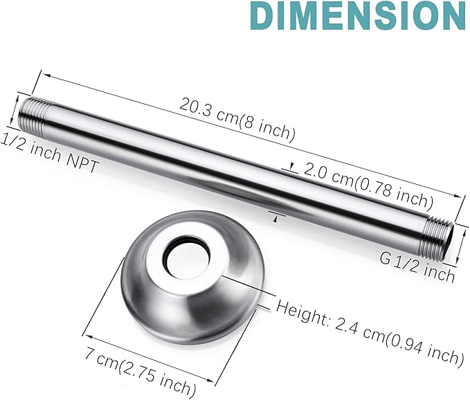 BESTILL 8 Inch Ceiling Mount Rain Shower Head Arm and Flange, Brushed Nickel