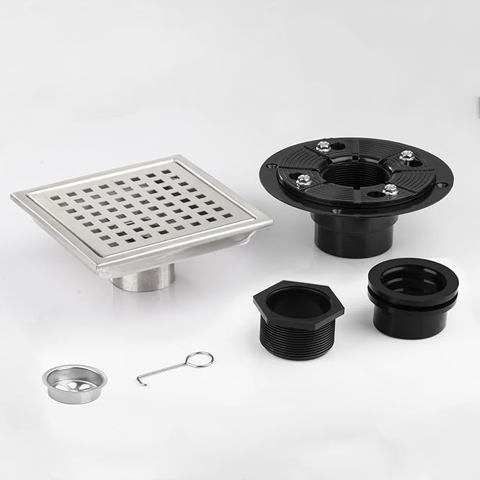 Square Shower Drain, Silver Shower Drain 6 inch with Flange and Removeable Grate Cover, AISI 304 Stainless Steel Shower Floor Drain with Hair Catcher and Flange