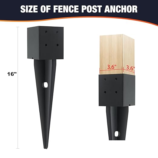 6 Pcs 4x4 Fence Post Anchor Ground Spike（Inner Size 3.6"x3.6" 16" Black Powder Coated–Mailbox Post Anchors, for Deck,Fence,Railing,Mailbox..