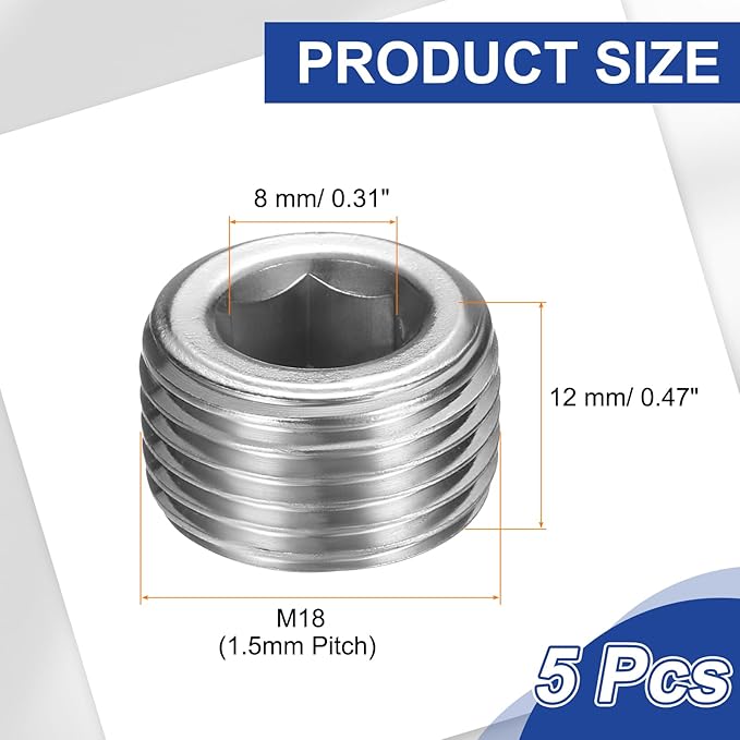 PATIKIL 5 Pcs 304 Stainless Steel Pipe Plug M18 x 1.5 Male Internal Hex Thread Socket Pipe Plug Hex Countersunk Pipe Fitting for Sealing Water Oil Gas Pipeline, Silver
