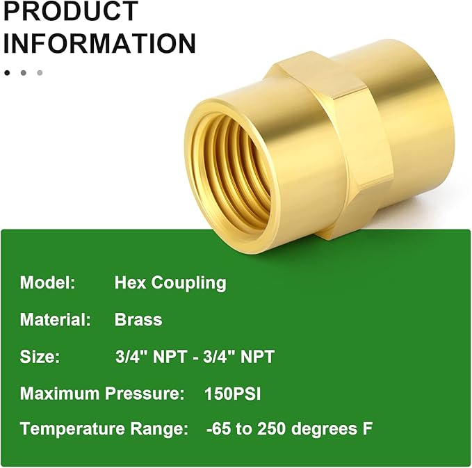 TAISHER 5PCS Brass Pipe Fitting, Coupling, 3/4-Inch Female Pipe x 3/4-Inch Female Pipe