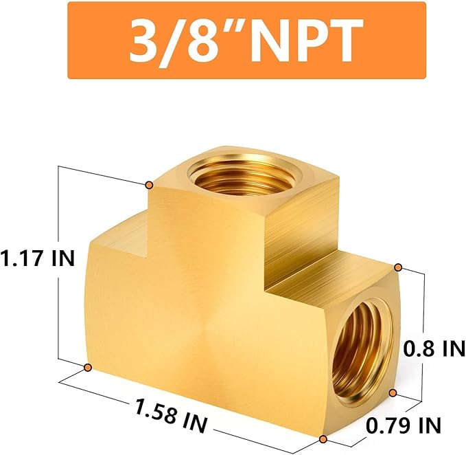 GASHER 3 Pcs Brass Barstock Tee, 3/8" x 3/8" x 3/8" NPT Female Pipe Fittings