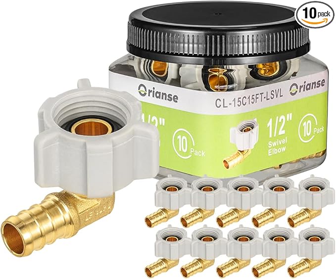 10 Pack Female NPT Swivel Elbow, PEX 1/2" x 1/2" NPSM Female Threaded Brass Barb Crimp Fittings, Full Port for PEX-B pipes, NSF/ANSI 61 NSF 372 Certificate, ASTM F1807 Certified