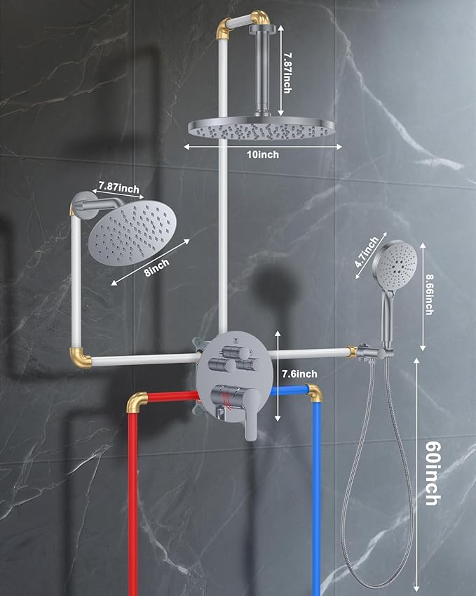 Shower System with Pressure Balance Valve, 10" Ceiling Mount Shower Faucet Set with 2 Rain Shower Head And Multi-function Handheld Head Push Button Diverter Pressure Balancing Valve Kit, Chrome