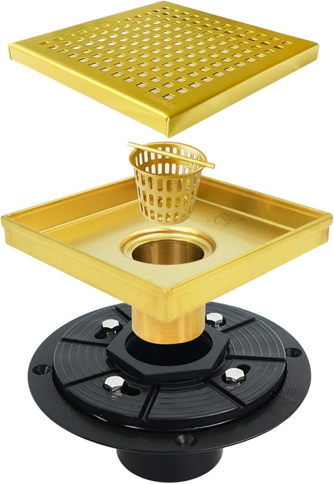 Neodrain 6 in Brushed Brass Square Shower Drain with Removable Quadrato Pattern Grate, PVC Shower Drain Base and Rubber Gasket, Gold 6" Square Drain with CUPC Certified, Golden Hair Strainer