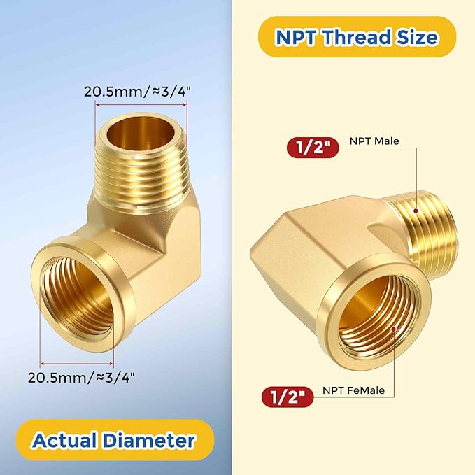 2 Pack Brass Pipe Fittings, 90 Degree 1/2" FeMale NPT to 1/2" Male NPT Barstock Street Elbow W/Sealing Tape, Forged Pipe Fitting Connector for Air, Oil, LP