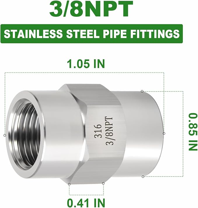TAISHER 2PCS Forging of 316L Stainless Steel Pipe Fitting, Coupling, 3/8" NPT Female x 3/8" NPT Female, Pipe Adapter Fitting