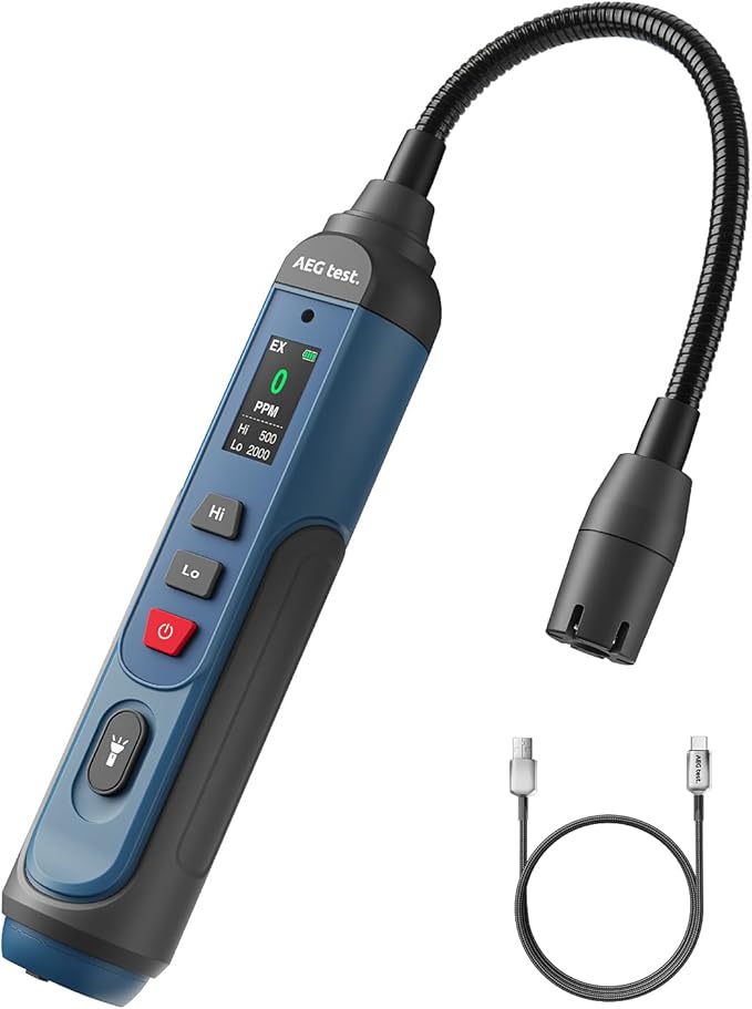 AGT-1988PRO Rechargeable Natural Gas Detector, Gas Leak Detector with 6.9-Inch Neck, TFT Color Display, 0–9999PPM Range for Combustible Leaks Like Propane, Methane for Home & RV - Blue