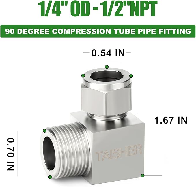 TAISHER 2PCS 304 Stainless Steel Square 90 Degree Compression Tube Pipe Fitting Connector, 1/4" Tube OD x 1/2" NPT Male Adapter