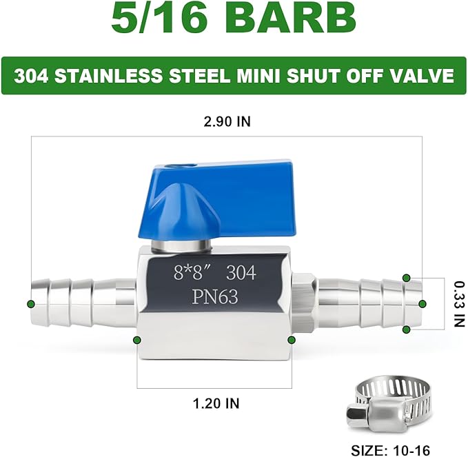TAISHER 1PCS 304 Stainless Steel 5/16" Mini Ball Valve Shut Off Switch, 5/16” Hose Barb with 2PCS Hose Clamps