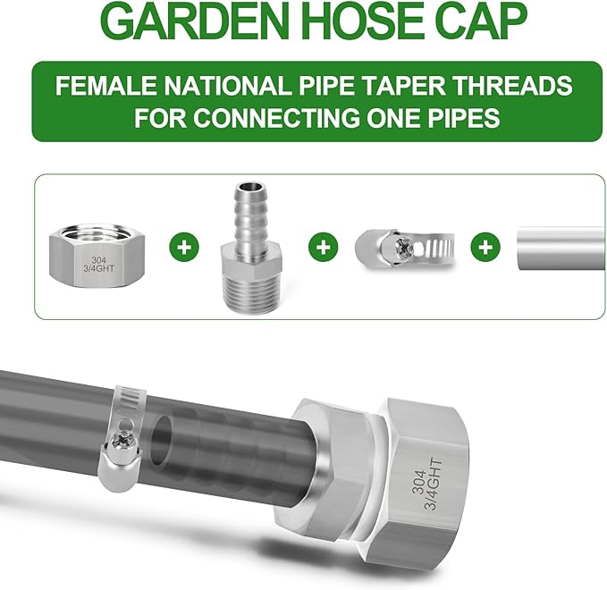TAISHER 2PCS 304 Stainless Steel Garden Hose Adapter, 3/4" GHT Female Garden Hose End Caps with Washers