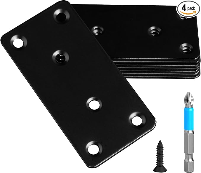 4 Pcs Mending Plate, 3.94 x 1.97 inch Stainless Steel Flat Plates with Holes, Straight Metal Mounting Braces Brackets Kit for Furniture, Wood Joint Connector (Black, 3.94 inch)