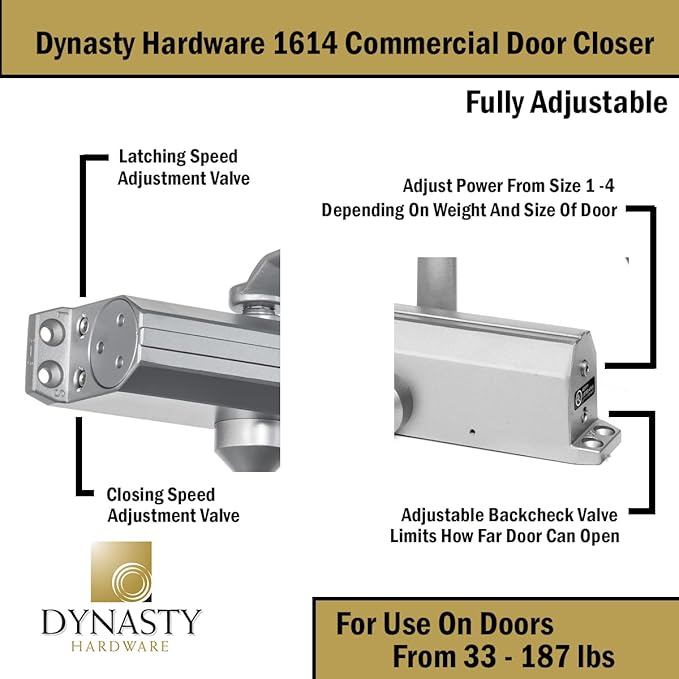 Dynasty Hardware Door Closer, Grade 1 Heavy Duty Commercial Hydraulic Closer, Self-Closing, Adjustable Spring Size 1-4, ADA Compliant, Surface Mount, Sprayed Aluminum, Series 1614