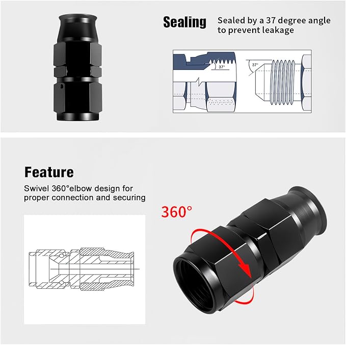 10AN PTFE Hose End Fitting Straight Swivel Only for PTFE Hose Aluminum Black 4PCS