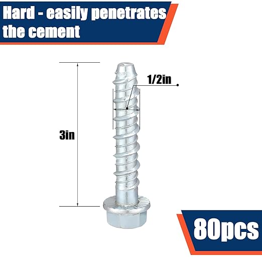 Tandefio 80 Pack 1/2" x 3" Concrete Screw Anchor Galvanized Large Diameter Heavy Duty Plated Concrete Anchors for Masonry Brick Anchoring Block Decking Framing Hex Drive