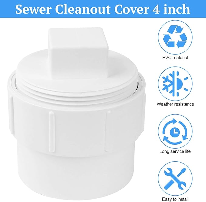4" PVC Sewer Cleanout Adapter with Plug Pipe Fitting, PVC DWV Flush Sewer Cleanout Cap for Drainage Piping Connect System Outdoor Garden, RV Sewer and More