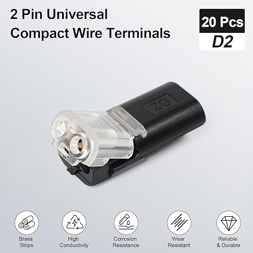 20Pcs LED Wire Connectors, 2 Pin Universal Compact Wire Terminals, No Wire-Stripping Required, Quick Splice Pluggable Low Voltage Wire Wiring Connector