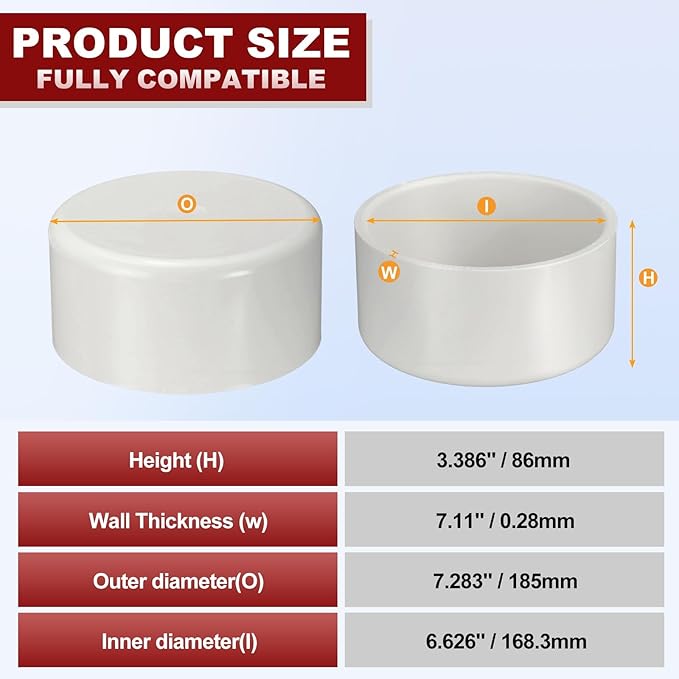 6Pcs 6" PVC External End Cap Fitting, SCH40 Furniture Grade PVC Pipe Plug Adapter, Pipe Cover Fittings for DIY Project, Irrigation System, Plumbing Framework, Garden Structures